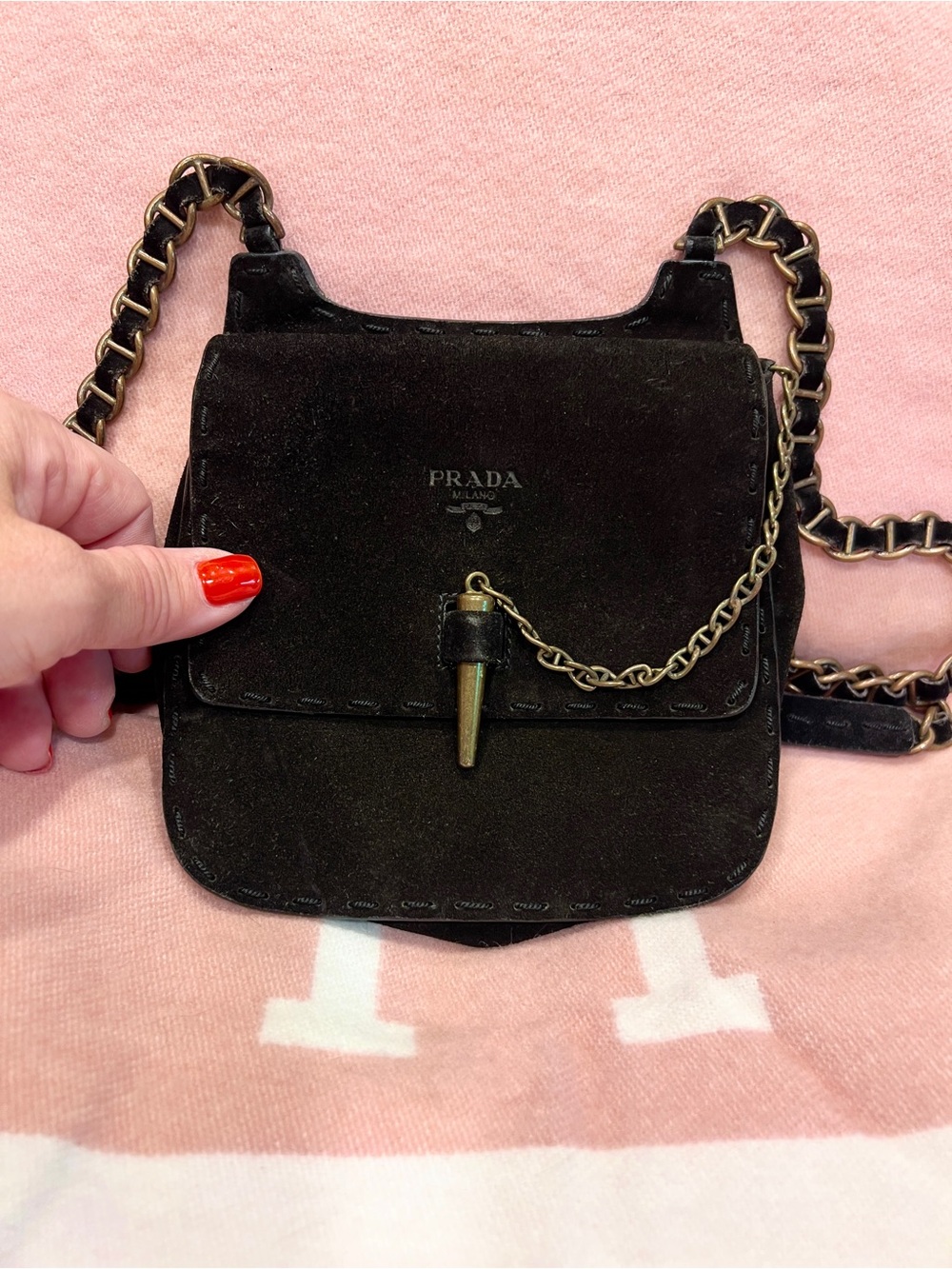 Prada⭐️✌🏻Vintage! RARE! Black Suede Crossbody/shoulder Bag with Chain Strap!
